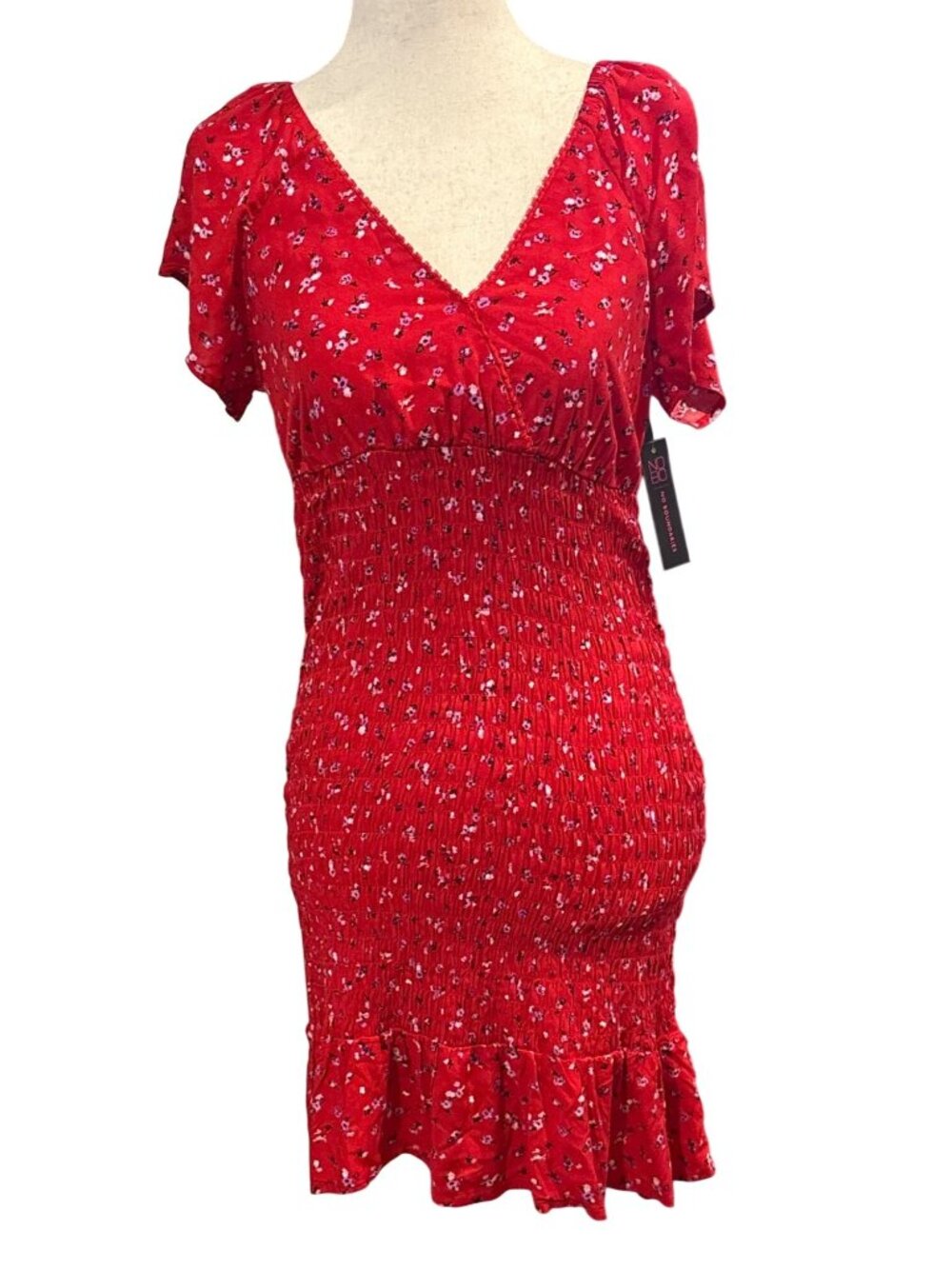 No Boundaries Red Floral Surplice Smocked Dress Junior L/G 11-13 Short Sleeve